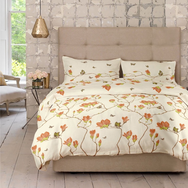 Lenjerie de pat Dormisete bumbac 100%, Magnolia Butterfly Brown pentru pat 2 persoane, 4 piese, 180x215 / 50x70, cearceaf pat uni Vanilla