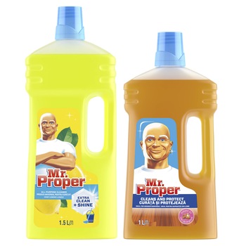 Pachet Promo: Detergent universal Mr. Proper Lemon 1.5 L + Detergent universal Mr. Proper pentru suprafete din lemn 1 L Pachet Promo: Detergent universal Mr. Proper Lemon 1.5 L + Detergent universal Mr. Proper pentru suprafete din lemn 1 L
