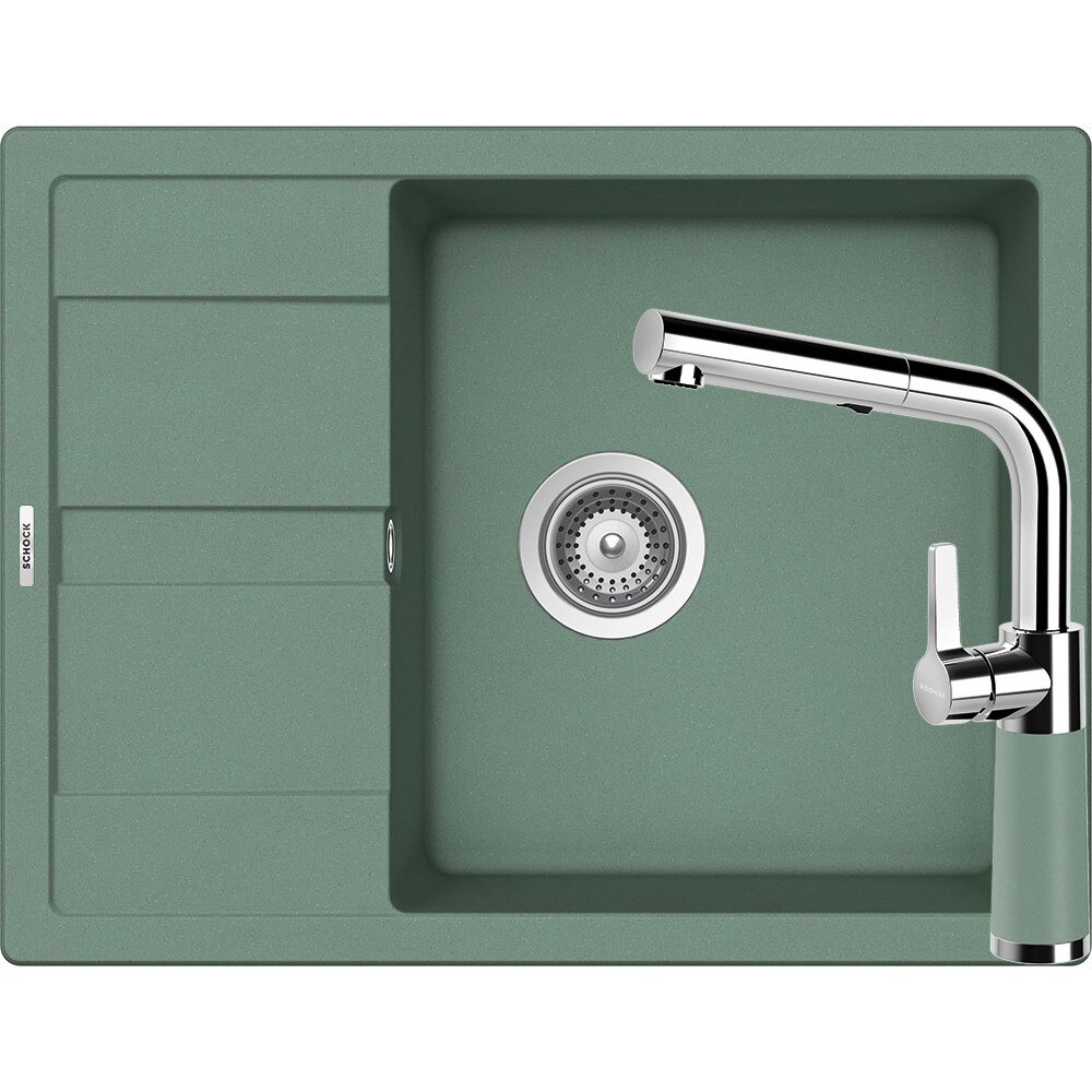 Kit chiuveta Schock Ronda D-100L 650 x 500 mm si baterie Schock SC-540 cu Dus Extractibil Sage Cristalite