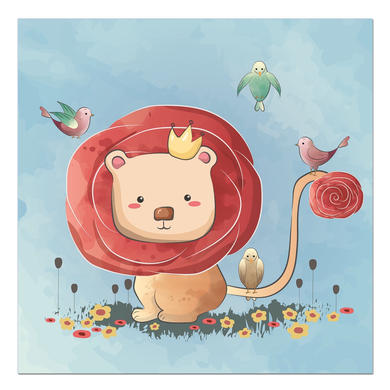 Tablou canvas, produs DekoStore, pentru camera copiilor, inramat pe cadru de lemn, print HD, Rose Haired Lion, 30x30 cm
