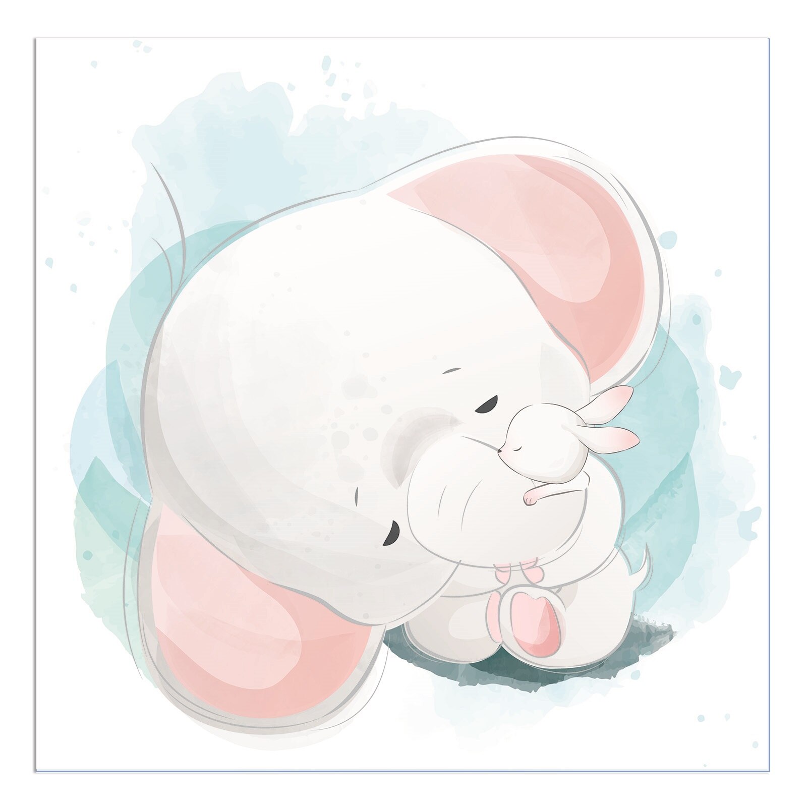 Tablou canvas, produs DekoStore, pentru camera copiilor, inramat pe cadru de lemn, print HD, Baby Elephant & Bunny, 30x30 cm