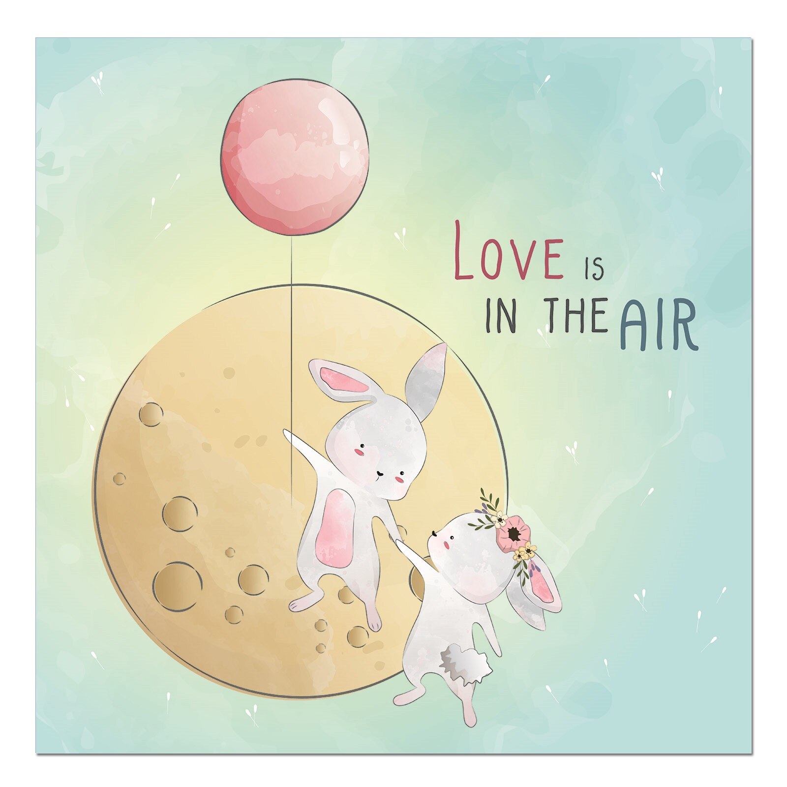 Tablou canvas, produs DekoStore, pentru camera copiilor, inramat pe cadru de lemn, print HD, Bunny Love, 40x40 cm