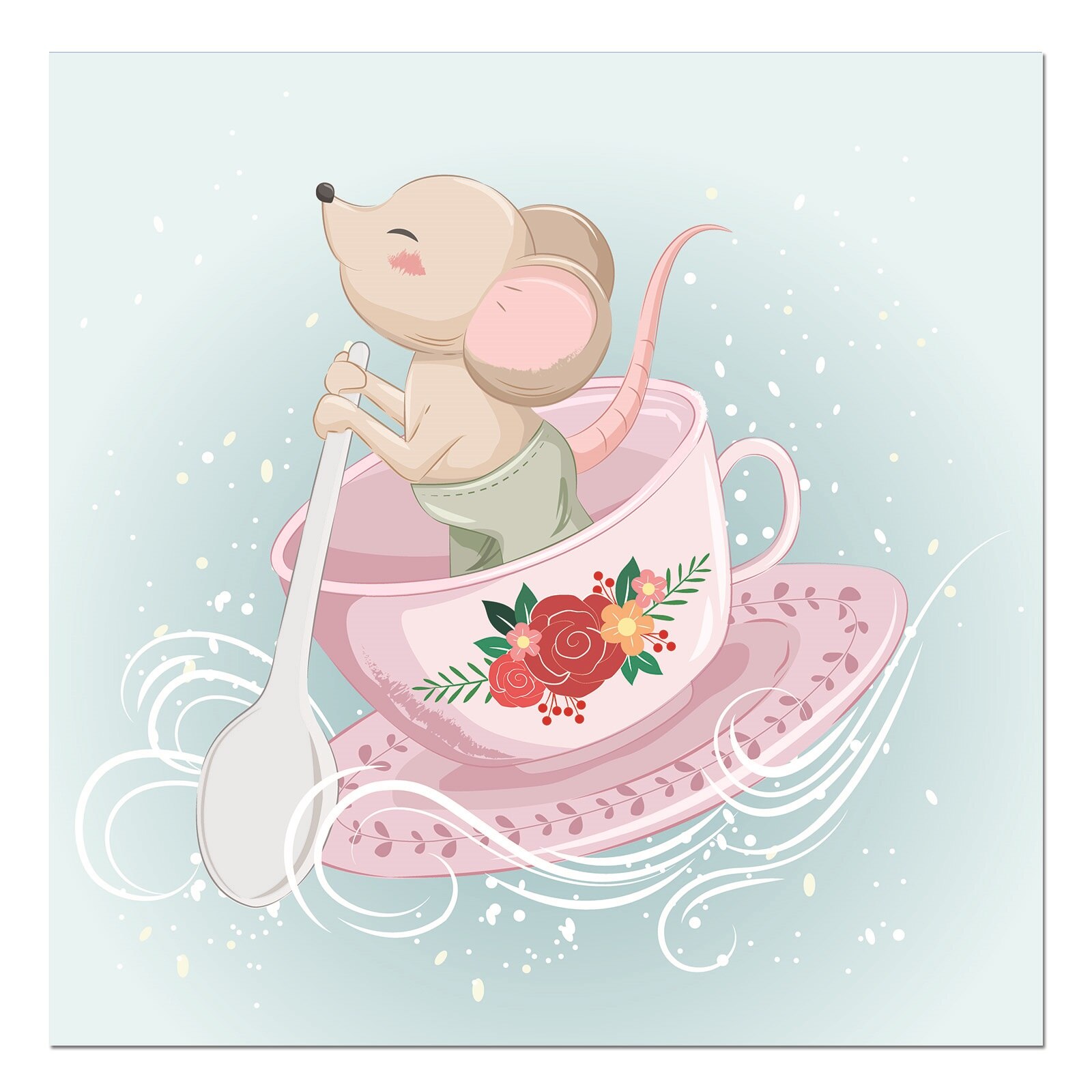 Tablou canvas, produs DekoStore, pentru camera copiilor, inramat pe cadru de lemn, print HD, Little Mouse on Tea Cup, 30x30 cm