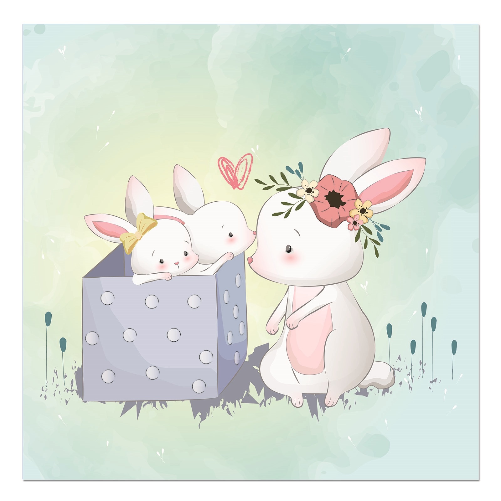 Tablou canvas, produs DekoStore, pentru camera copiilor, inramat pe cadru de lemn, print HD, Mommy and Kids Bunny, 30x30 cm