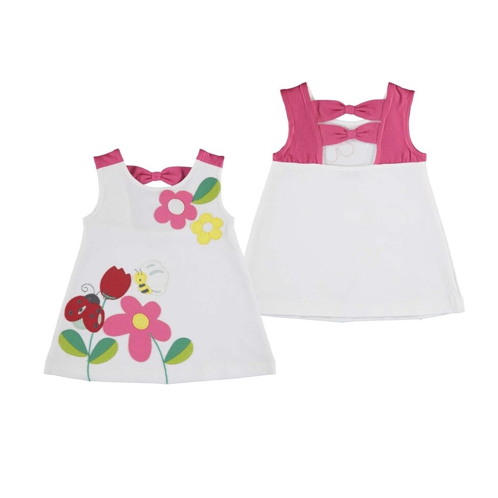 Rochie Mayoral cu bretele si aplicatii florale pentru bebe fetita, Alb/Fucsia, 80 CM