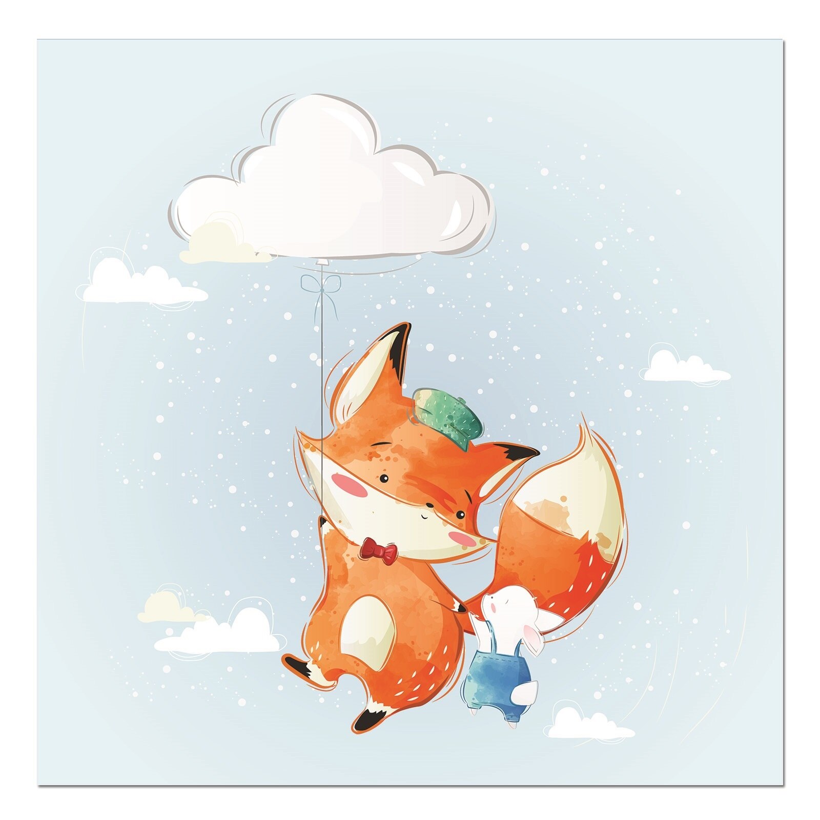 Tablou canvas, produs DekoStore, pentru camera copiilor, inramat pe cadru de lemn, print HD, Baby Fox flying with Bunny, 30x30 cm
