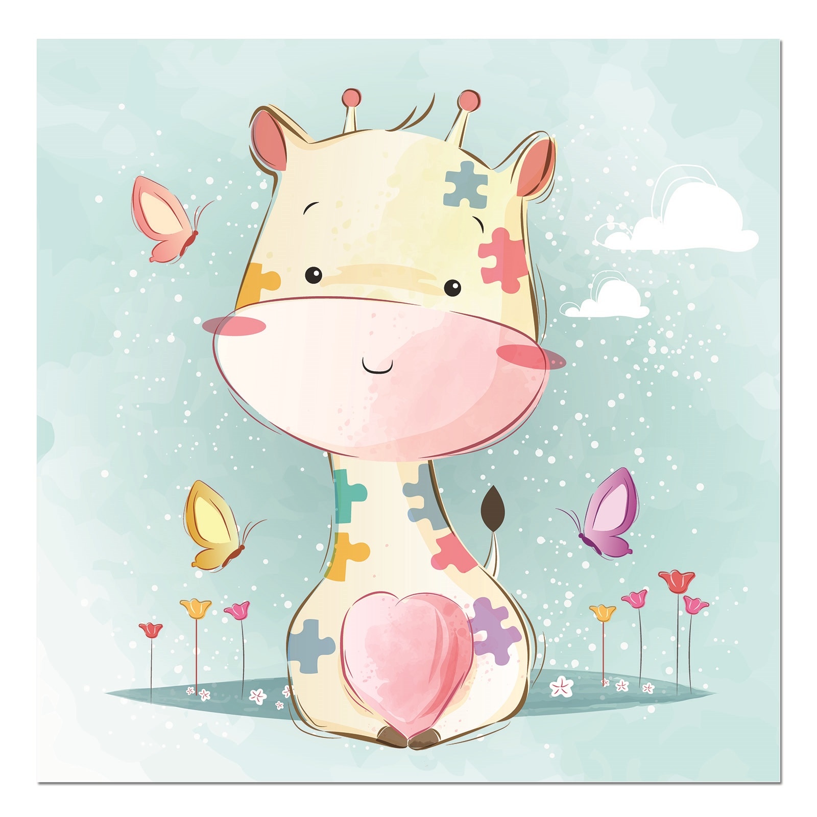 Tablou canvas, produs DekoStore, pentru camera copiilor, inramat pe cadru de lemn, print HD, Baby Giraffe, 30x30 cm