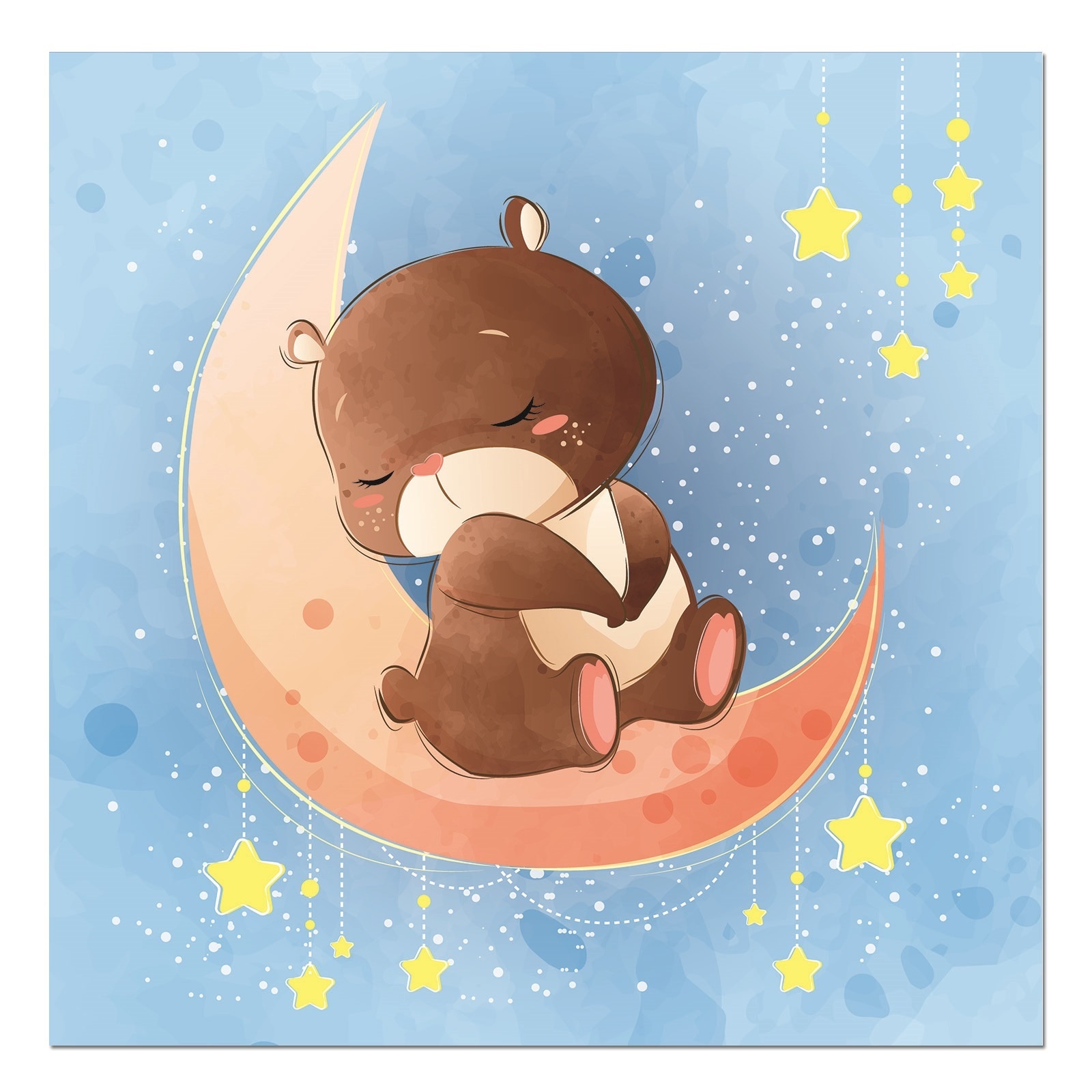 Tablou canvas, produs DekoStore, pentru camera copiilor, inramat pe cadru de lemn, print HD, Bear Sleeping on the Moon, 30x30 cm