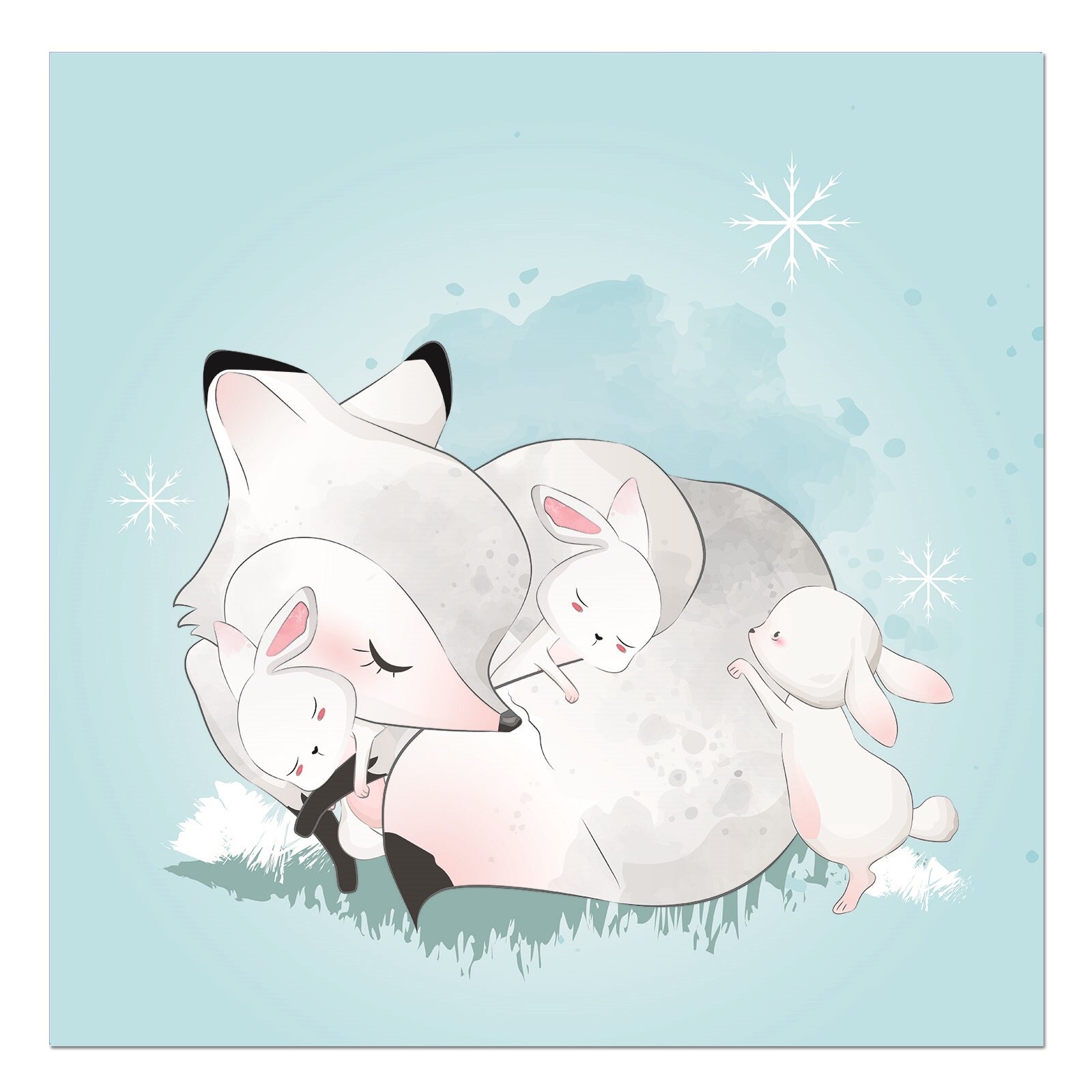Tablou canvas, produs DekoStore, pentru camera copiilor, inramat pe cadru de lemn, print HD, White Winter Fox, 30x30 cm