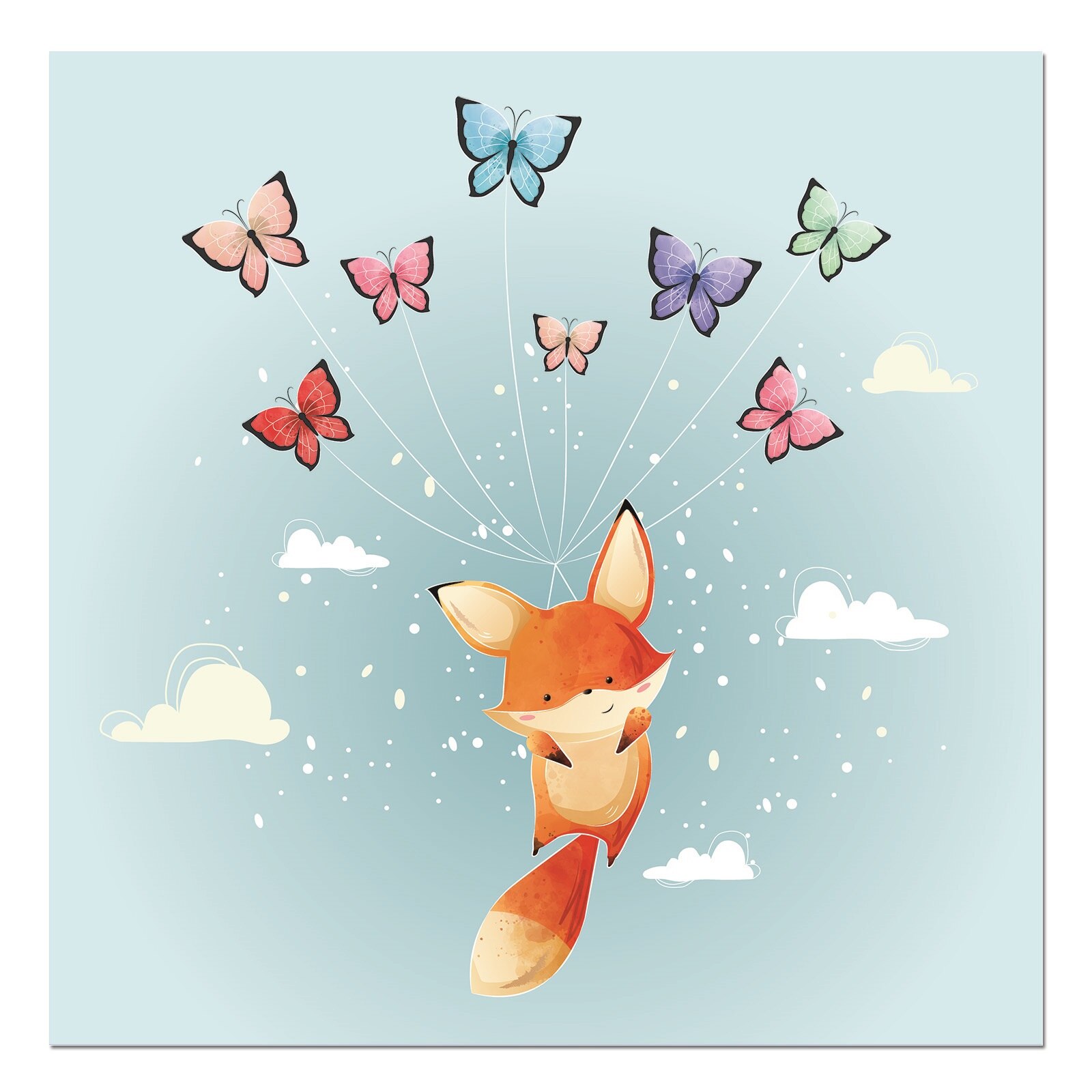 Tablou canvas, produs DekoStore, pentru camera copiilor, inramat pe cadru de lemn, print HD, Foxy Flying with Butterflies, 30x30 cm
