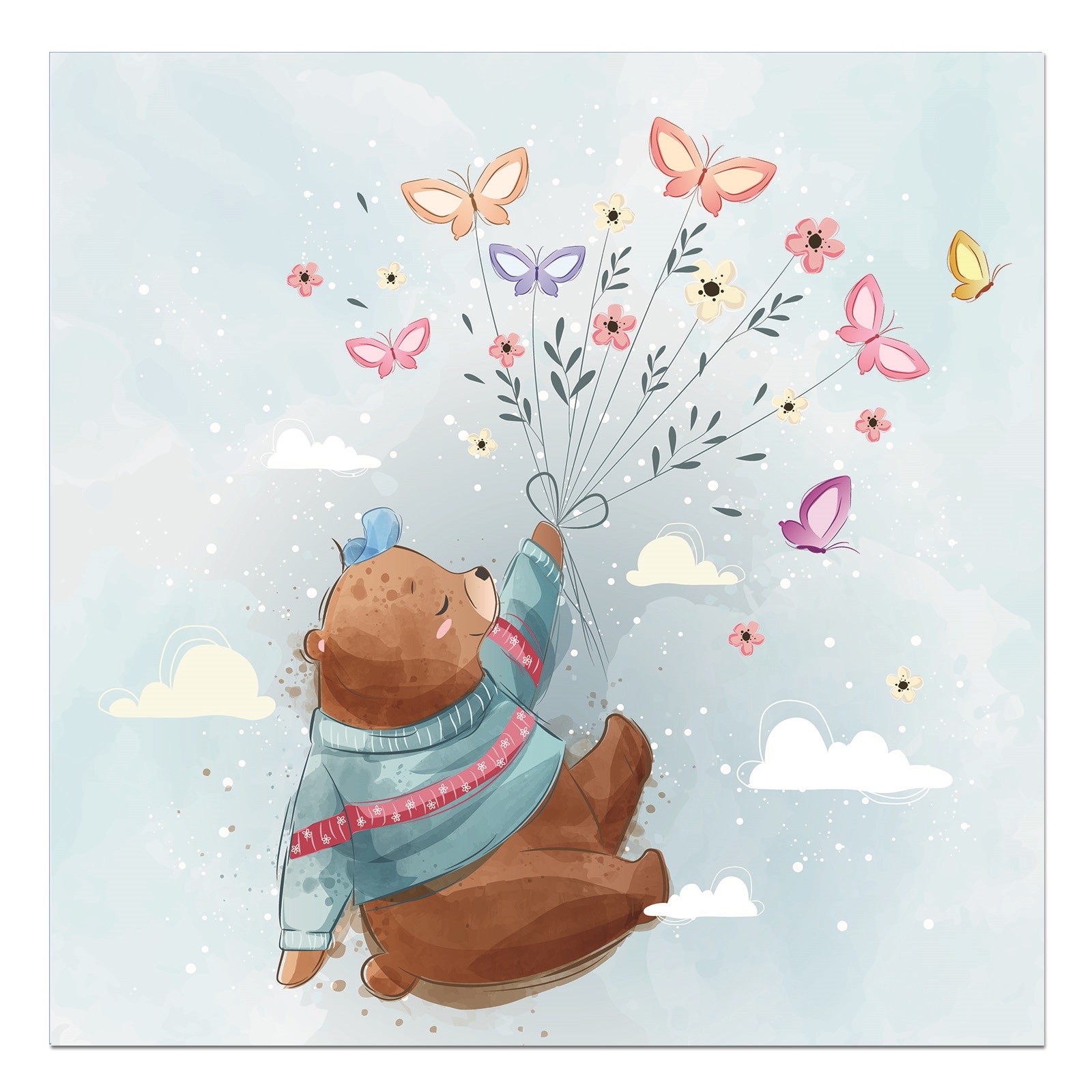 Tablou canvas, produs DekoStore, pentru camera copiilor, inramat pe cadru de lemn, print HD, Flying Bear, 30x30 cm