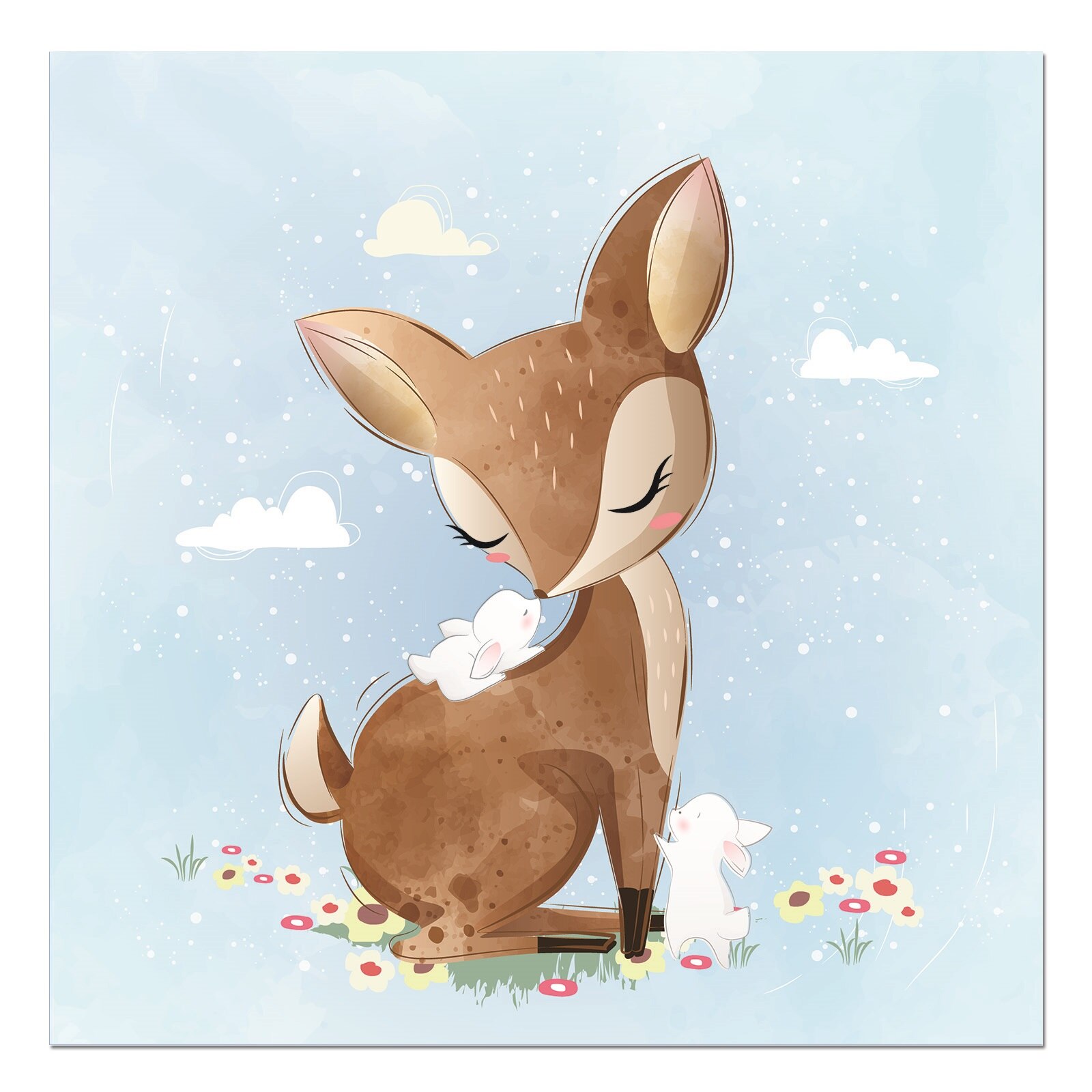 Tablou canvas, produs DekoStore, pentru camera copiilor, inramat pe cadru de lemn, print HD, Cute Deer and His Friends, 30x30 cm