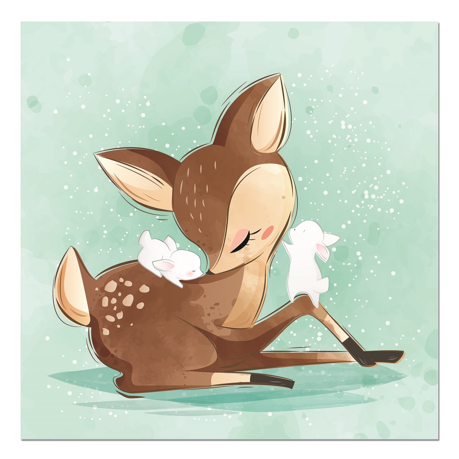 Tablou canvas, produs DekoStore, pentru camera copiilor, inramat pe cadru de lemn, print HD, Deer and the Bunnies, 30x30 cm