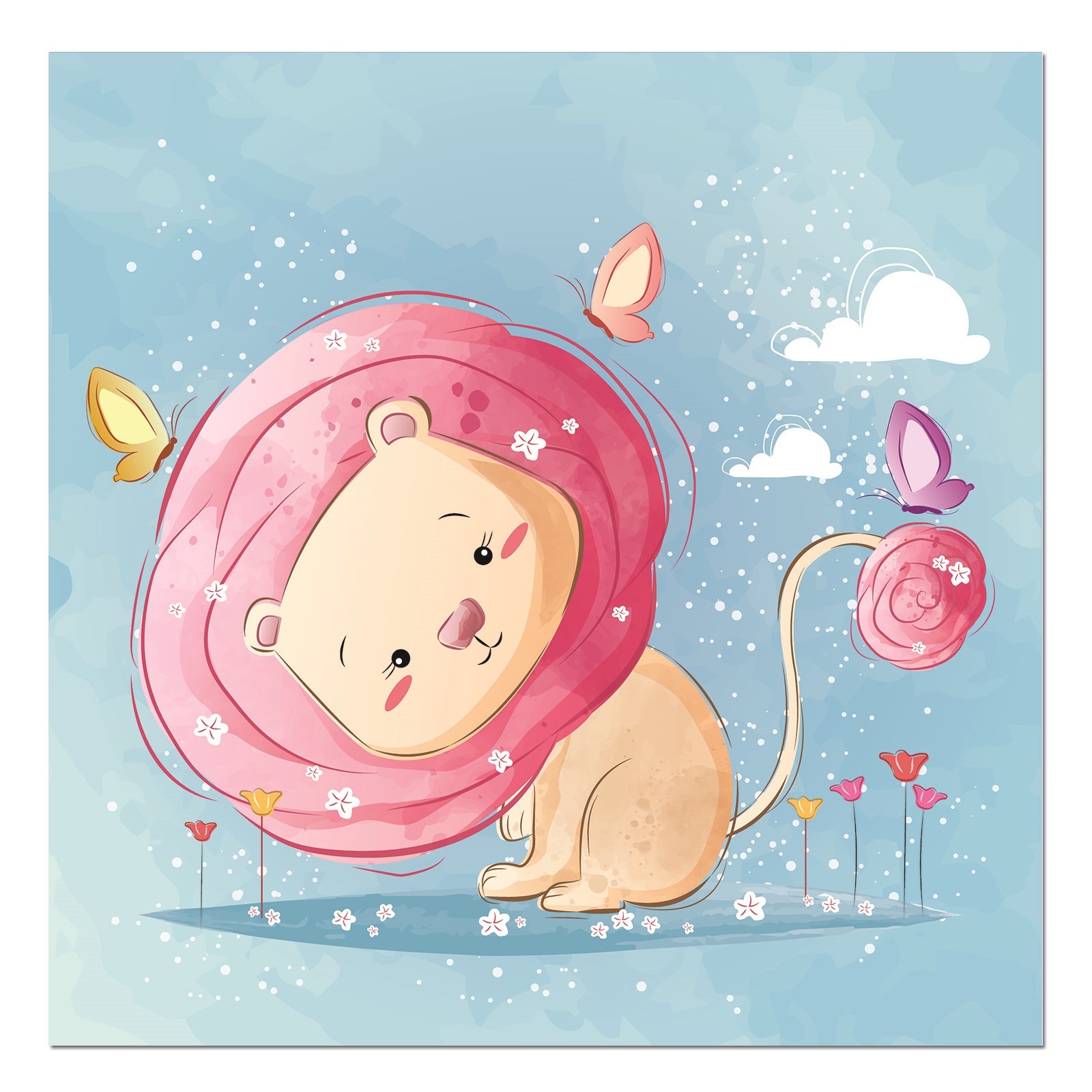 Tablou canvas, produs DekoStore, pentru camera copiilor, inramat pe cadru de lemn, print HD, Pink Rose Haired Lion, 30x30 cm