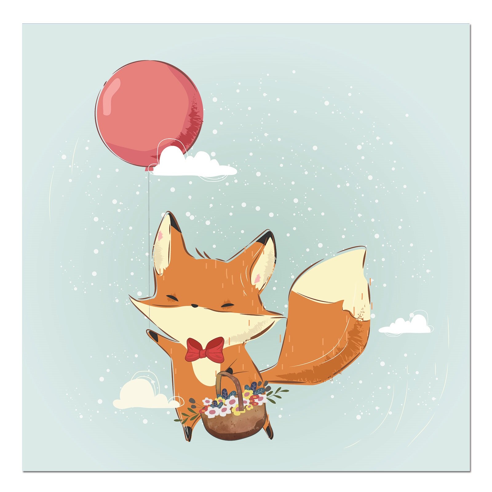 Tablou canvas, produs DekoStore, pentru camera copiilor, inramat pe cadru de lemn, print HD, Fox Bringing Basket, 30x30 cm