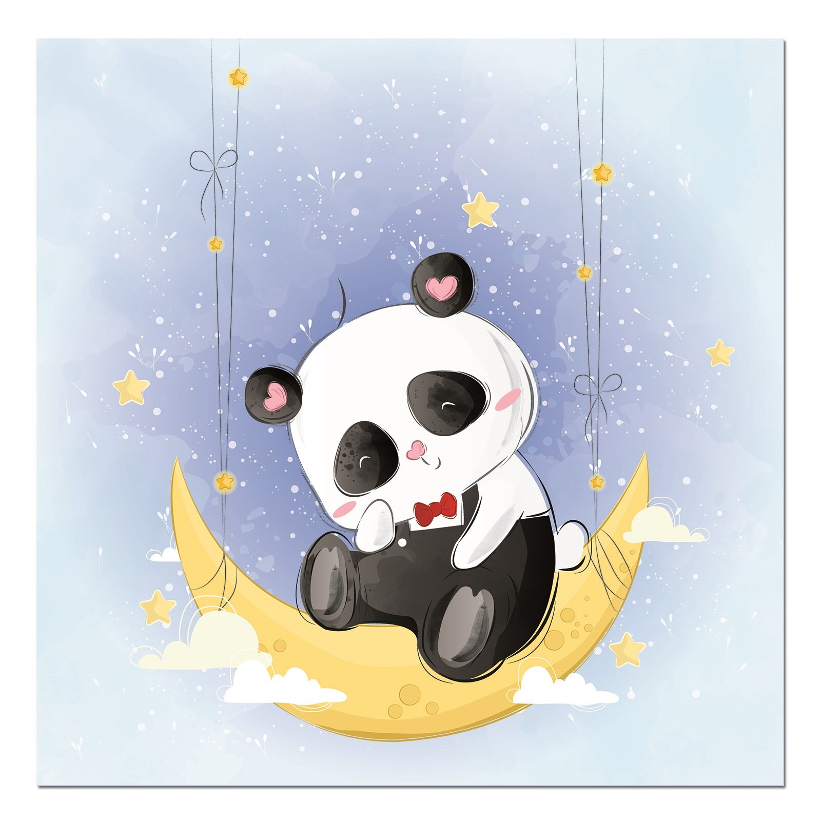 Tablou canvas, produs DekoStore, pentru camera copiilor, inramat pe cadru de lemn, print HD, Mr Pando on the Moon, 30x30 cm
