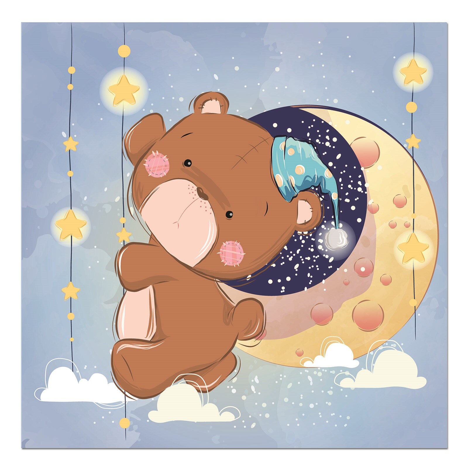 Tablou canvas, produs DekoStore, pentru camera copiilor, inramat pe cadru de lemn, print HD, Bear Climbing to the Moon, 30x30 cm