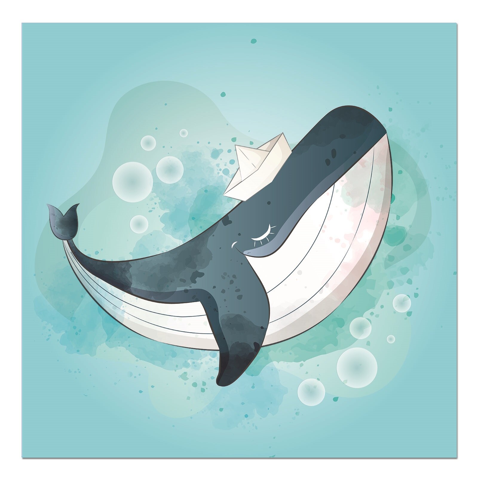Tablou canvas, produs DekoStore, pentru camera copiilor, inramat pe cadru de lemn, print HD, Happy Baby Whale, 30x30 cm