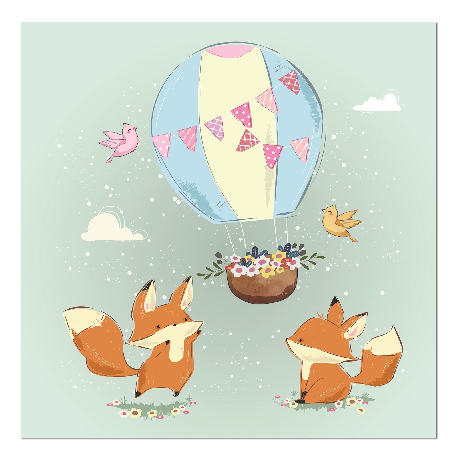Tablou canvas, produs DekoStore, pentru camera copiilor, inramat pe cadru de lemn, print HD, Foxes and the Air Balloon, 30x30 cm