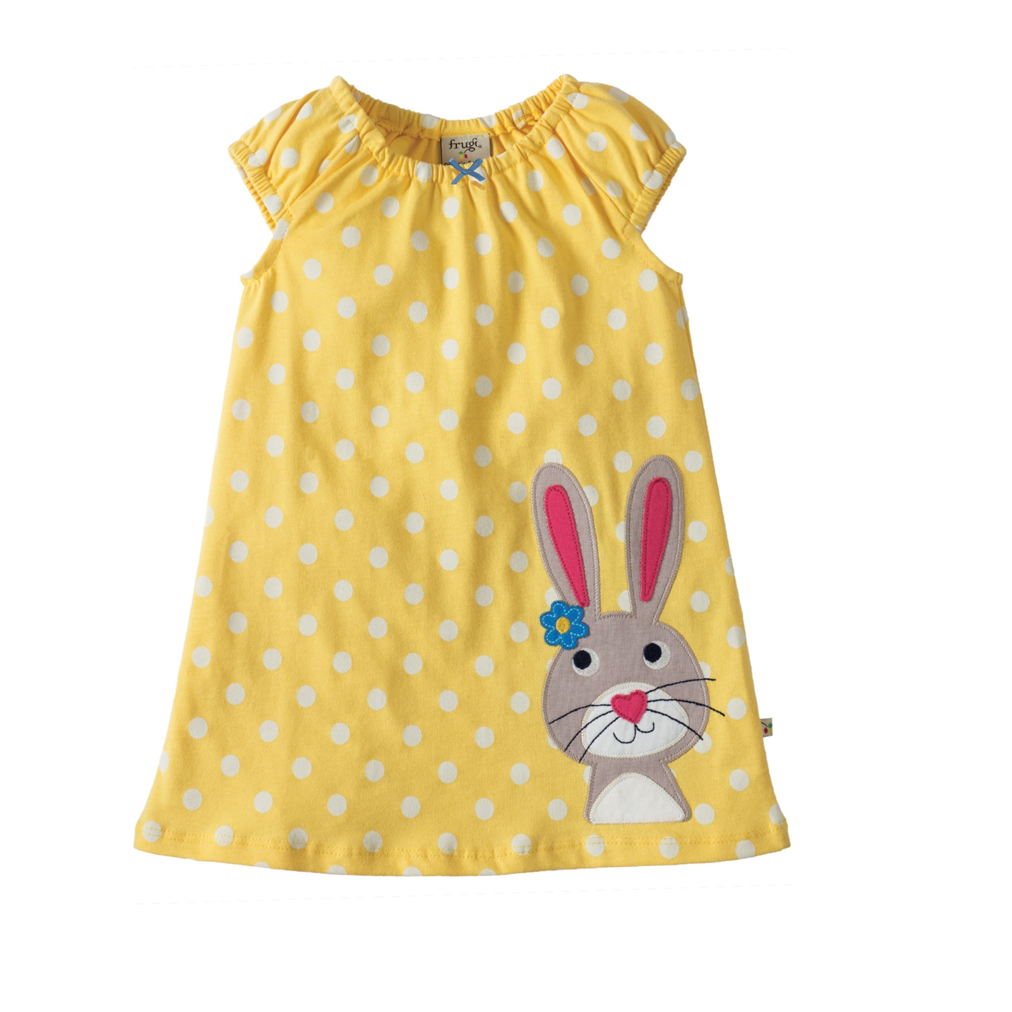 Rochie Lola cu buline si aplicatie iepuras, bumbac organic, multicolor