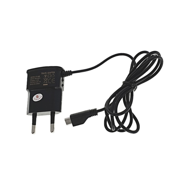 Incarcator CC688 de retea pentru telefon, cu cablu microUSB,1A, negru Negru 1 Ah