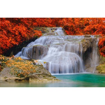 Fototapet Cascada prin padurea rosie 300 x 200 cm Fototapet Cascada prin padurea rosie 300 x 200 cm