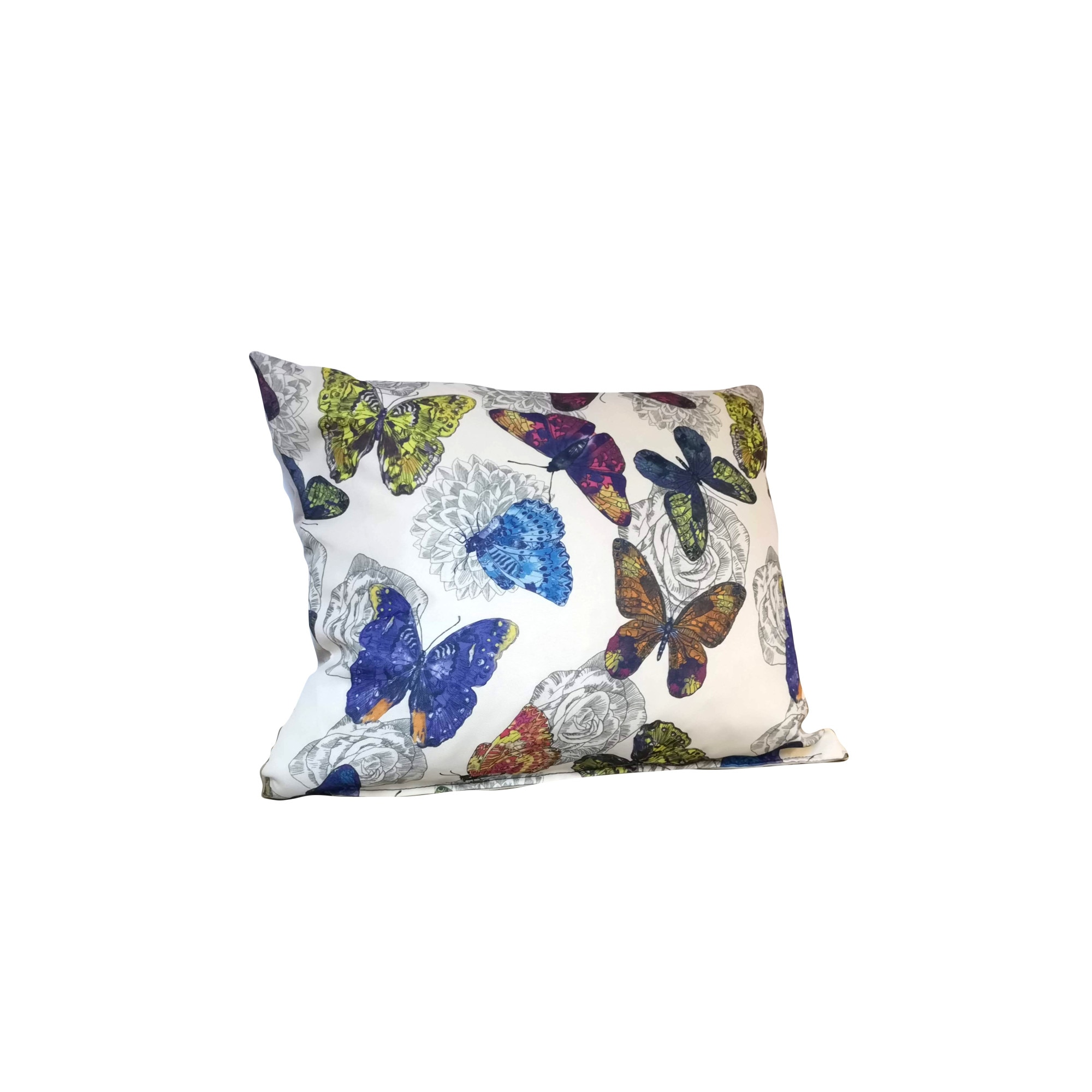 Perna decorativa MobAmbient 45x45 cm, Multicolor, doua fete, imprimeu cu fluturi si gri, material textil, fata detasabila, inchidere cu fermoar