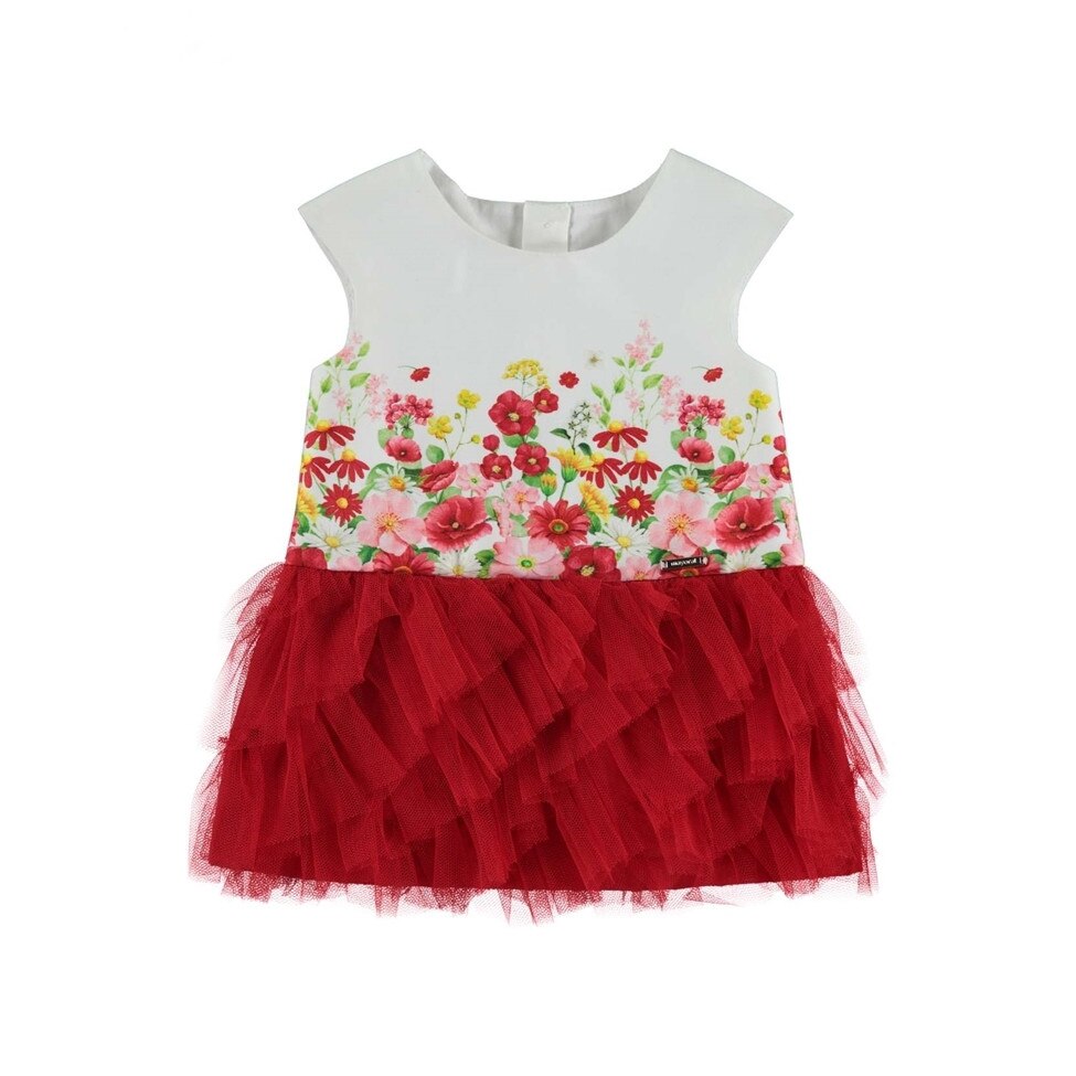 Rochie Mayoral cu motive florale si volanase pentru bebe fetita, Alb/Rosu, 80 CM