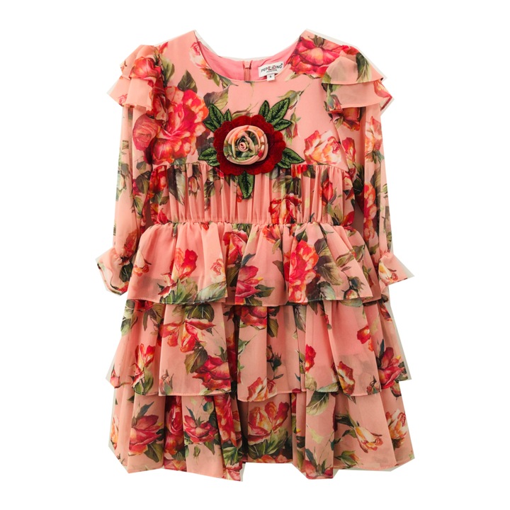 Rochie eleganta, Pepchino, lycra, roz cu trandafiri, 8-9 ani