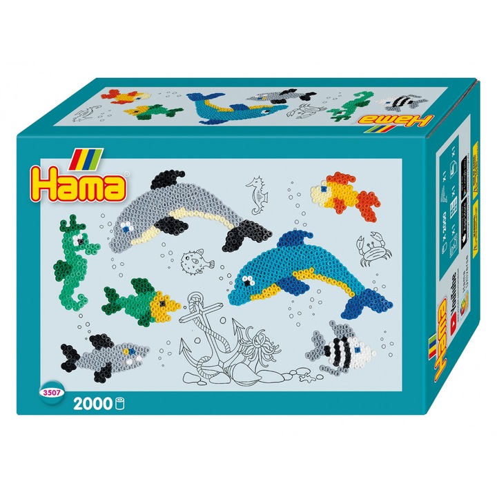 Margele de calcat HAMA MIDI DELFINUL - 2000 margele + 1 plansete de lucru impachetat in cutie