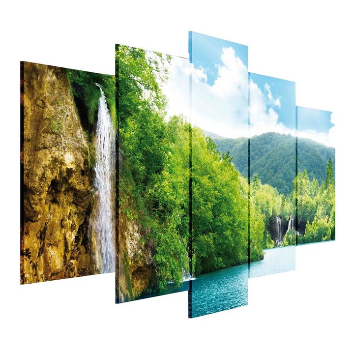 Set Tablouri DEGRETS 78659 Canvas, 60 x 100 cm, 5 piese (2x40x20 cm, 2x50x20 cm, 1x60x20 cm), Cascada langa lac