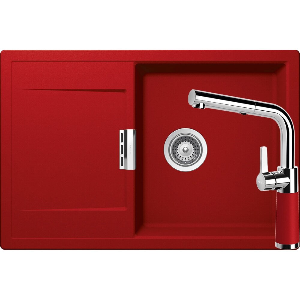 Kit chiuveta Schock Mono D-100 765 x 510 mm si baterie Schock SC-540 cu Dus Extractibil Rosu Cristadur