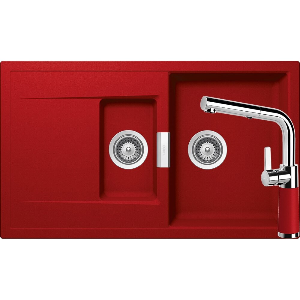 Kit chiuveta Schock Mono D-150 860 x 510 mm si baterie Schock SC-540 cu Dus Extractibil Rosu Cristadur