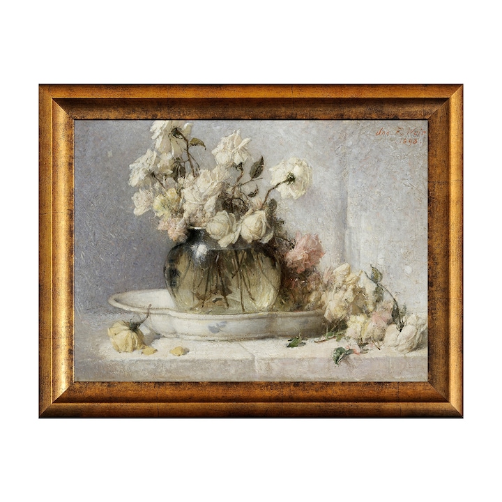 Tablou Inramat - John F Weir - Roses, Rama Auriu, 30 x 40 cm