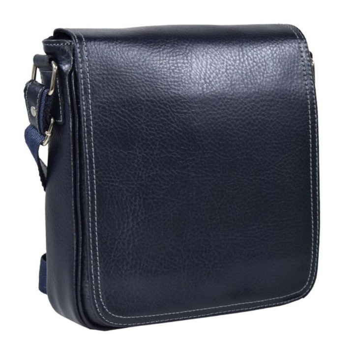 Férfi sötétkék, puha bőr táska, patentos fedőlap, 04 The Bag Shop