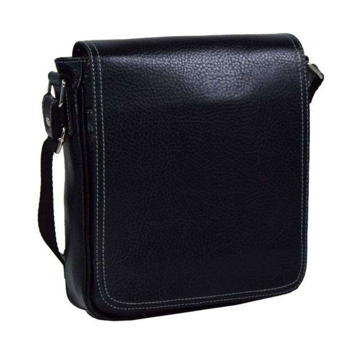 Férfi fekete, puha bőr táska öltésekkel, patentos fedőlap, 04 The Bag Shop