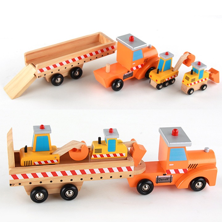Camion transportator din lemn cu vehicule constructii