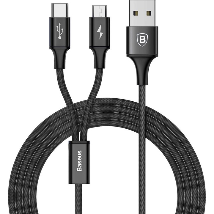 Кабел за данни Baseus 2 in 1, MicroUSB - Type-C, 1.2 м, 3A, Black