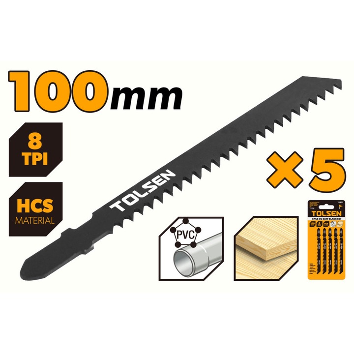 Set 5 lame TOLSEN T111C pentru ferastraie pendulare, taiere rapida in PAL, placaj, scanduri si plastic, coada tip T, lungime 100mm, 8TPI, material HCS, compatibile universal
