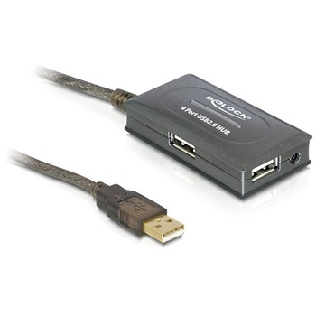 Cablu prelungitor activ USB 2.0 (A T-M) 10 m, cu Hub 4 porturi, Delock 82748 Cablu prelungitor activ USB 2.0 (A T-M) 10 m, cu Hub 4 porturi, Delock 82748