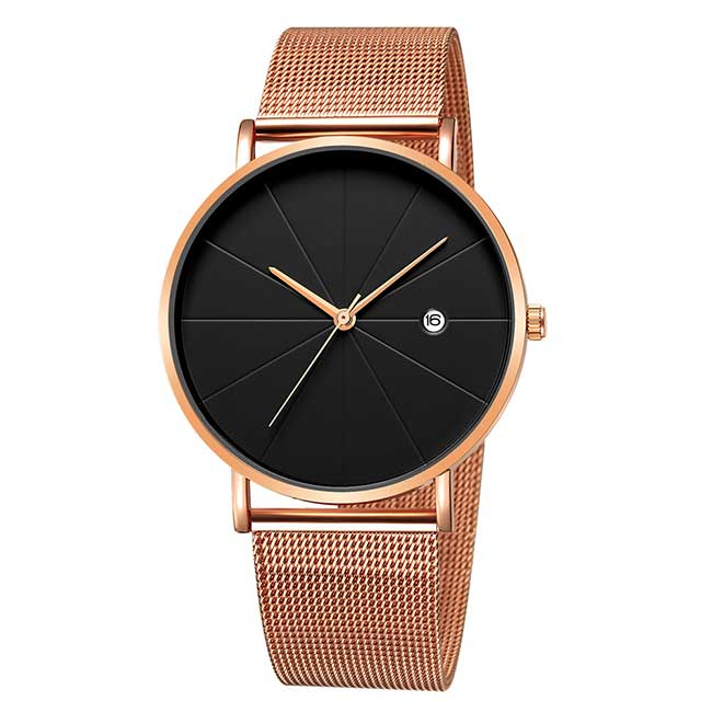 Ceas Viser Unisex Quartz Casual Elegant Rosegold-negru, PN999543RNU, curea din metal (mesh), afisaj Analog