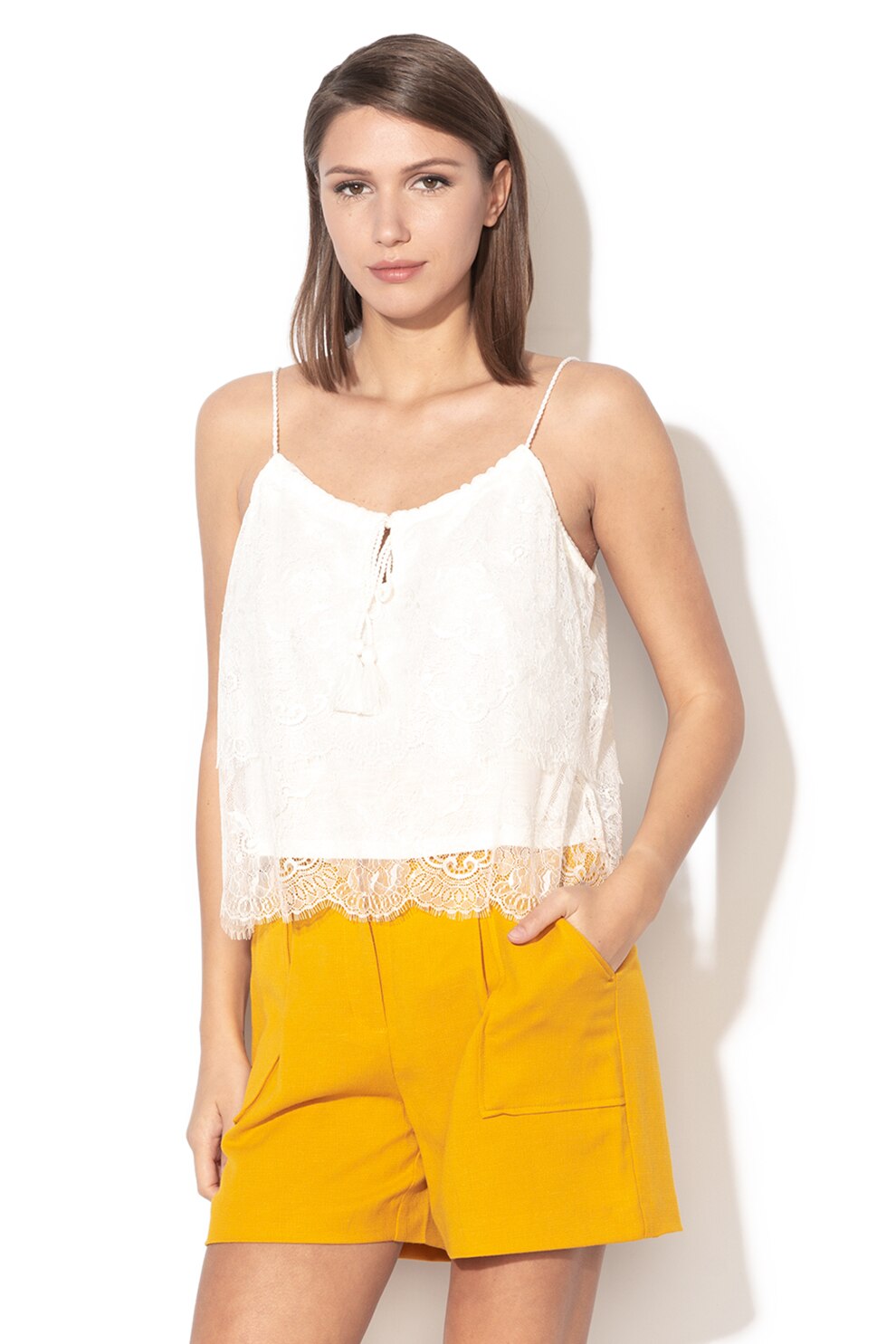United Colors of Benetton, Top de dantela cu canafi, Alb, S
