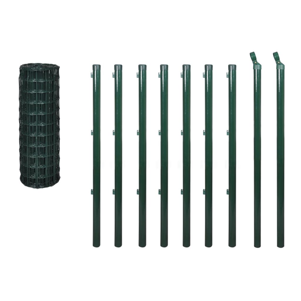 Set de gard de plasa si tarusi, vidaXL, Otel acoperit cu PVC, 10 x 1.5 m, 100 x 100 mm, Verde