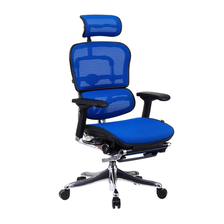 Scaun QMOBILI Ergohuman v2 Plus Elite LM Albastru mesh 3D, suport picioare, tetiera 2D, suport lombar, brate reglabile 4D, sezut translabil