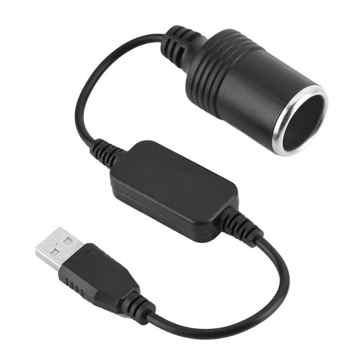 Cablu adaptor Usb 2.0 la priza 12V bricheta auto soclu mama 30 cm, negru
