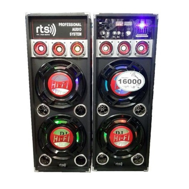 Комплект от 2 RTS аудио професионални високоговорителя, USB порт, SD карта, Light Game on BASS, Bluetooth свързаност, 5 графични ленти еквалайзер, мощност 2 x 150 W, черен