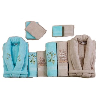 Set baie Belinda 10 piese, 2 halate + 6 prosoape + 2 saculeti, culori albastru+ bej Set baie Belinda 10 piese, 2 halate + 6 prosoape + 2 saculeti, culori albastru+ bej