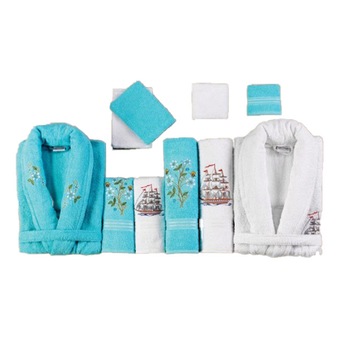 Set baie Belinda 10 piese, 2 halate + 6 prosoape + 2 saculeti, culori albastru marin + alb Set baie Belinda 10 piese, 2 halate + 6 prosoape + 2 saculeti, culori albastru marin + alb