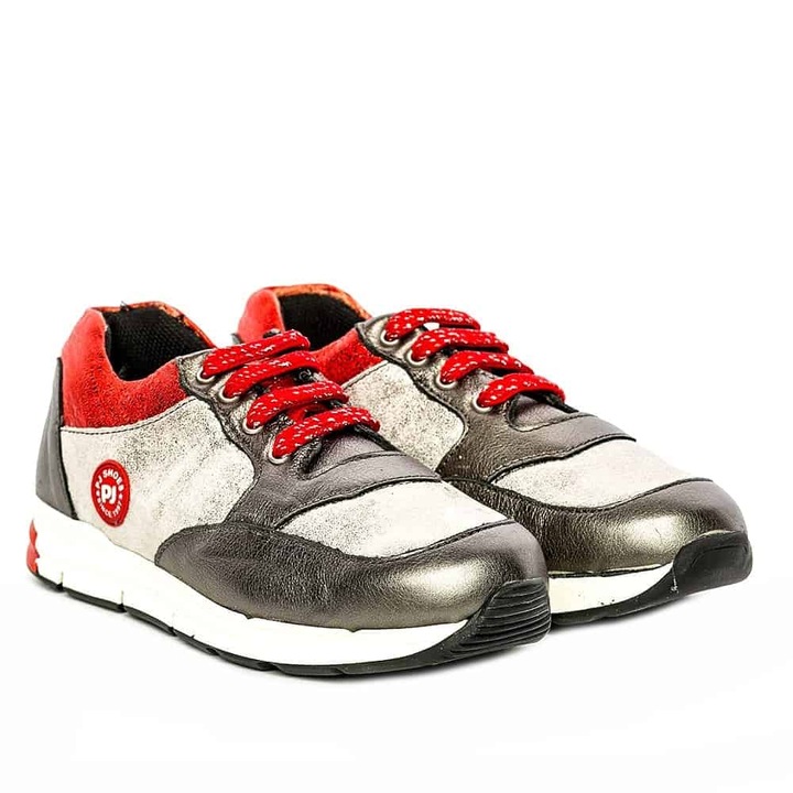 Tenisi din piele pentru copii, Horia, PJ Shoes, Gri metalizat 1207, 36