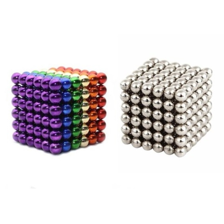 Set Bile Argintii si Multicolore, Magnetice Neocube AntiStres, 5 mm, 432 piese, Magnet, Magice, si 2cutii pentru depozitare, Picodino
